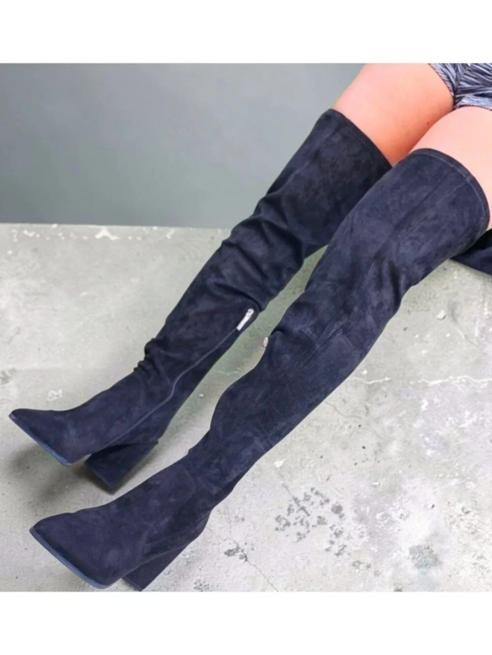 Over-The-Knee Black Faux Suede Heeled Boots With Side Zipper & Pointed Toe Women